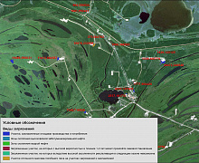 Тематическая карта различных видов нефтяных загрязнений ЛУ, площадь загрязнений в кв.м.