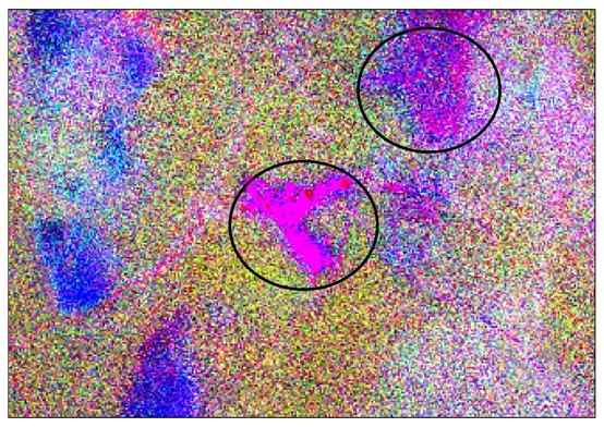 Композит PC5, PC6, PC4. Группа фиолетовых пикселей характеризуют наличие Al (OH) группы. Северный Урал