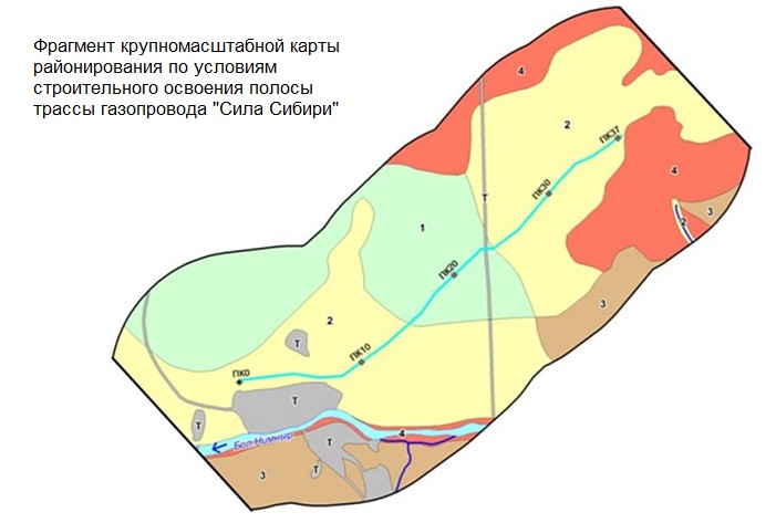 Фрагмент крупномасштабной карты районирования по условиям строительного освоения полосы трассы газопровода Сила Сибири