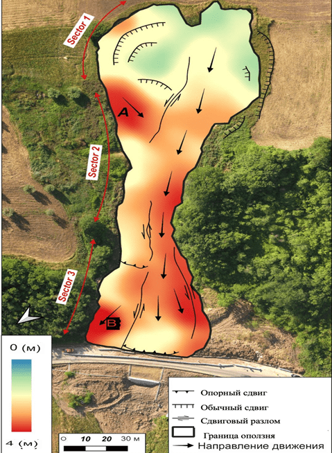 Displacement map (DInSAR) overlaid on an orthophotomap of the predicted landslide area