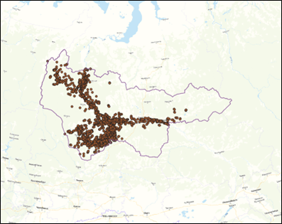 Результат построенных опорных точек границ рыболовных участков на территорию ХМАО, Россия