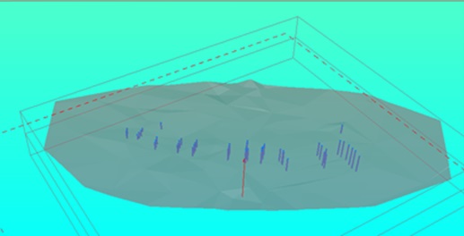 Рис. 6. Трехмерная модель поверхности и трехмерная модель разведочных скважин залежей месторождения N в программе Datamine Studio 3