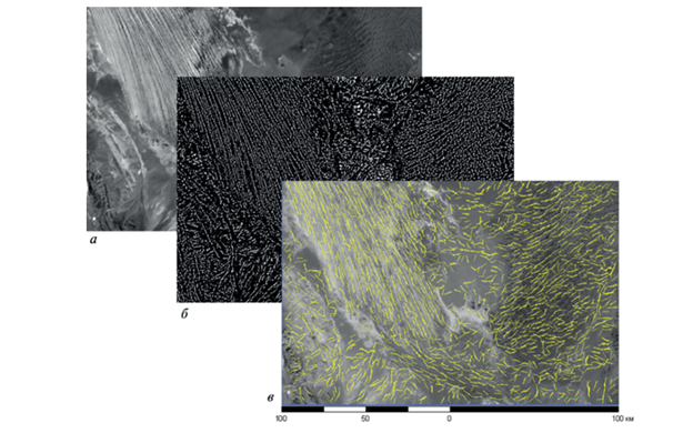 Рис. 10. Исходное изображение Modis (а), бинаризация по экстремумам яркости (б), схема выделенных линейных элементов (в)