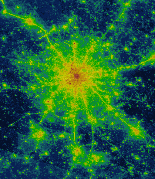 Fig. 9 - Light Pollution Distribution Map in Moscow and the Moscow Region