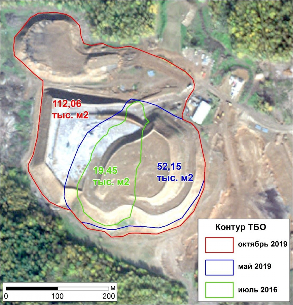 Change in the area of ​​the Khrabrovo solid waste landfill in 2016-2019