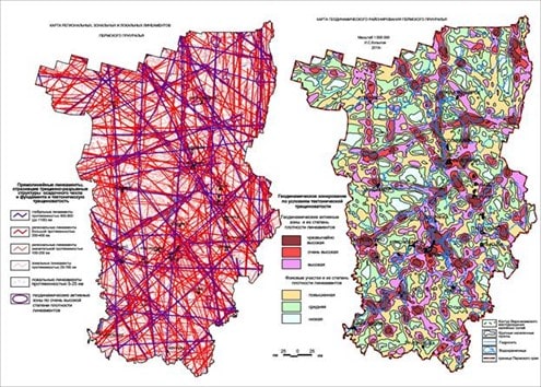 Рис. 9. Пример линеаментно-геодинамического анализа Пермского Урала и Приуралья