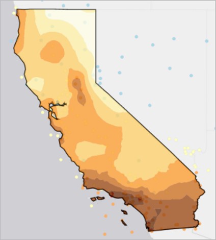 Рис. 18 Интерполированная карта температуры на территорию Калифорнии