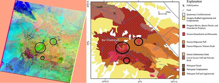 Рис. 4 Гидротермально измененные породы на RGB-композите 1–3 MNF компонент (слева) и фрагменте геологической карты (справа)