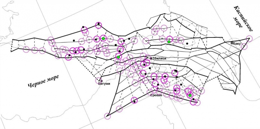 Рис. 2. Линеаментно-блоковое строение Кавказа и распознанные рудоносные узлы