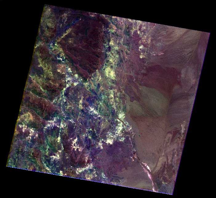 Figure3 – Synthesized composite image RGB ASTER. Hydrothermally modified clays and mica (bluish-white areas).
