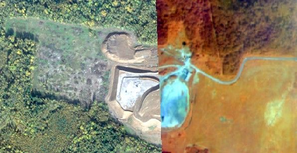 Solid waste landfill Khrabrovo in the visible (left) and short-wave infrared (right) ranges of the spectrum