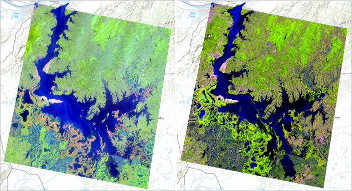 Рис.7 Сравнение космических снимков Landsat за 2001 и 2014 года