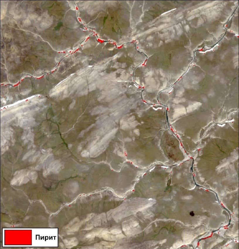 Figure 7. Pyrite distribution zones based on ASTER data, identified using the spectral angle method (SAM)