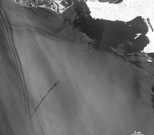 Рис.1 Фрагмент снимка со спутника Sentinel-1B. Начальный этап сброса нефтепродуктов.