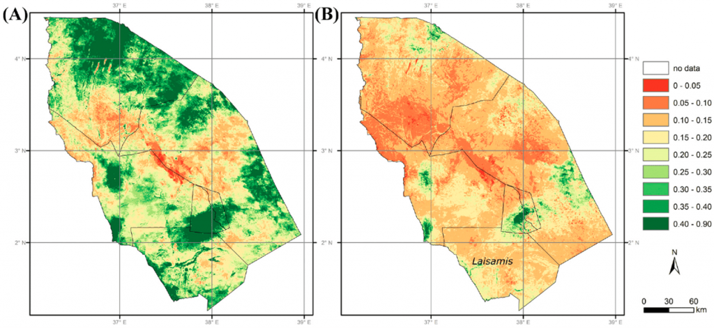 NDVI values based on MODIS data during the first decade of May