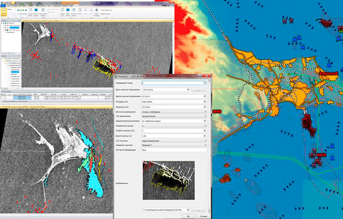 Example of a comprehensive GIS and metadata view of several identified oil spills.