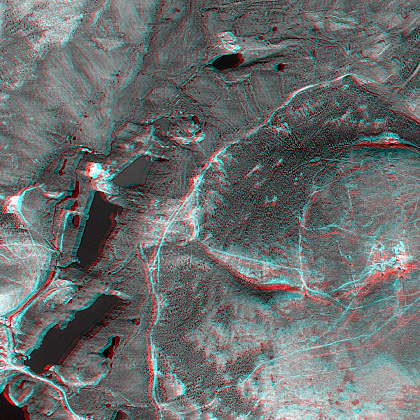 Fragment of anaglyphic 3D composite synthesized by using an ultra-high-resolution orthophotomap and DTM