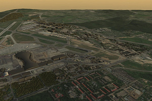 A simplified 3D model of Vnukovo Airport, its road and railroad infrastructure and surroundings (total square = 100 sq km)