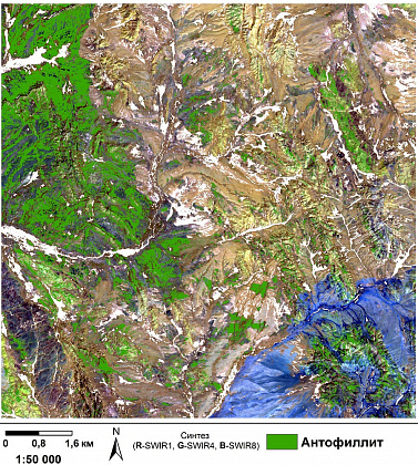 Zone of distribution of anthophyllite according to the spectral angle method. Image from satellite WV-3. Synthesis of R-SWIR1, G-SWIR4, B-SWIR8