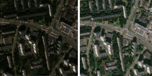 Fig. 1. A fragment of the WorldView-3 snapshot Before (left) and After (right) the pansharpening procedure.