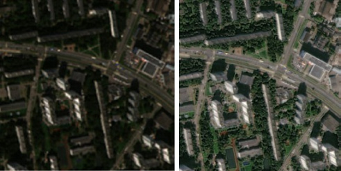 Fig. 1. WorldView-3 Image Fragment Before (Left) and After (Right) Pansharpening Procedure